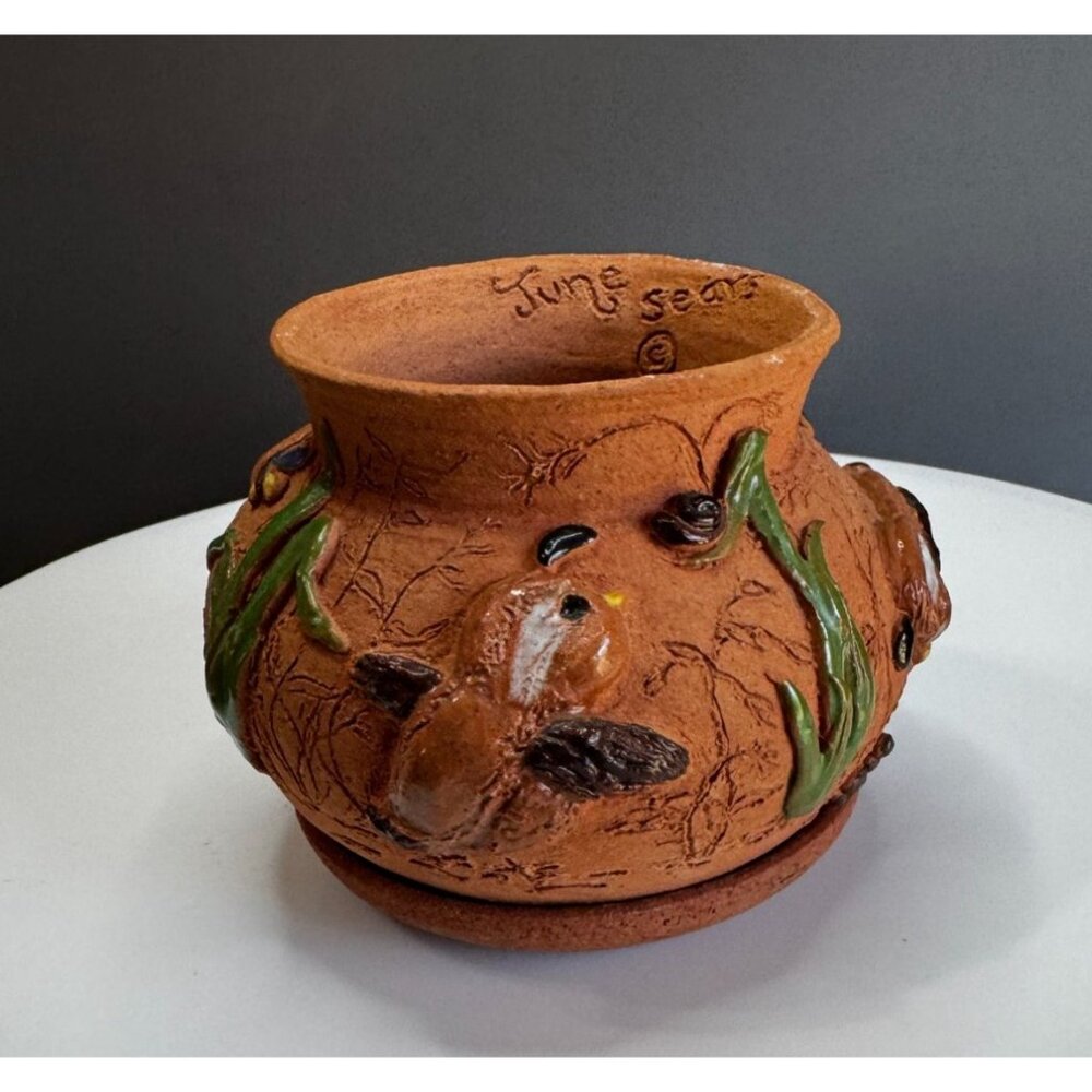 June Sears Signed Folk Art Pottery Planter Bird & Flower Design 4 1/4" Terracott - Picture 5 of 6